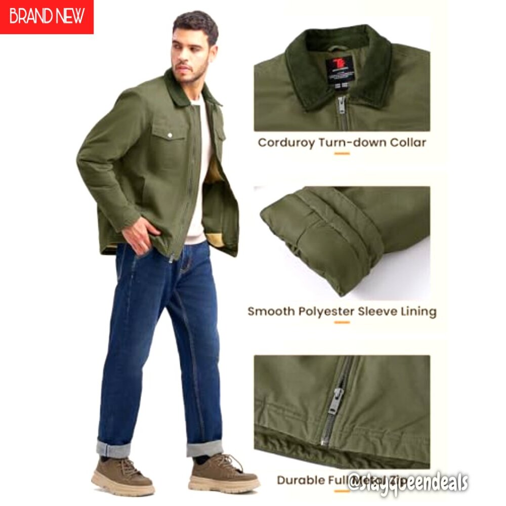 Men's Heavyweight Sherpa-Lined Work Jacket, 5 Pockets, Full Zip, Cotton - Picture 7 of 8